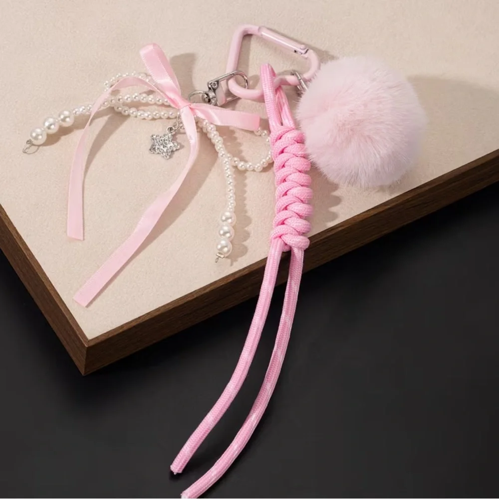 NEW Elegant Pink Fur Keychain with Pom Pom and Bow Pearls